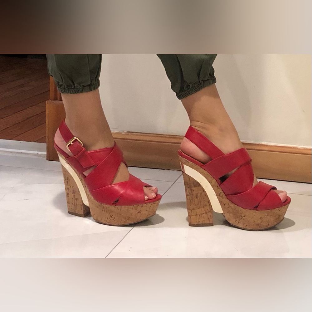 Red leather& cork platform wedges. Size 8.5